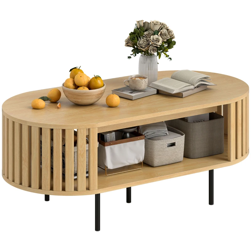HOMCOM Table basse ovale, table de salon avec rangement, coins arrondis, design lattes, 100 x 50 x 40 cm, effet bois naturel(m-11)