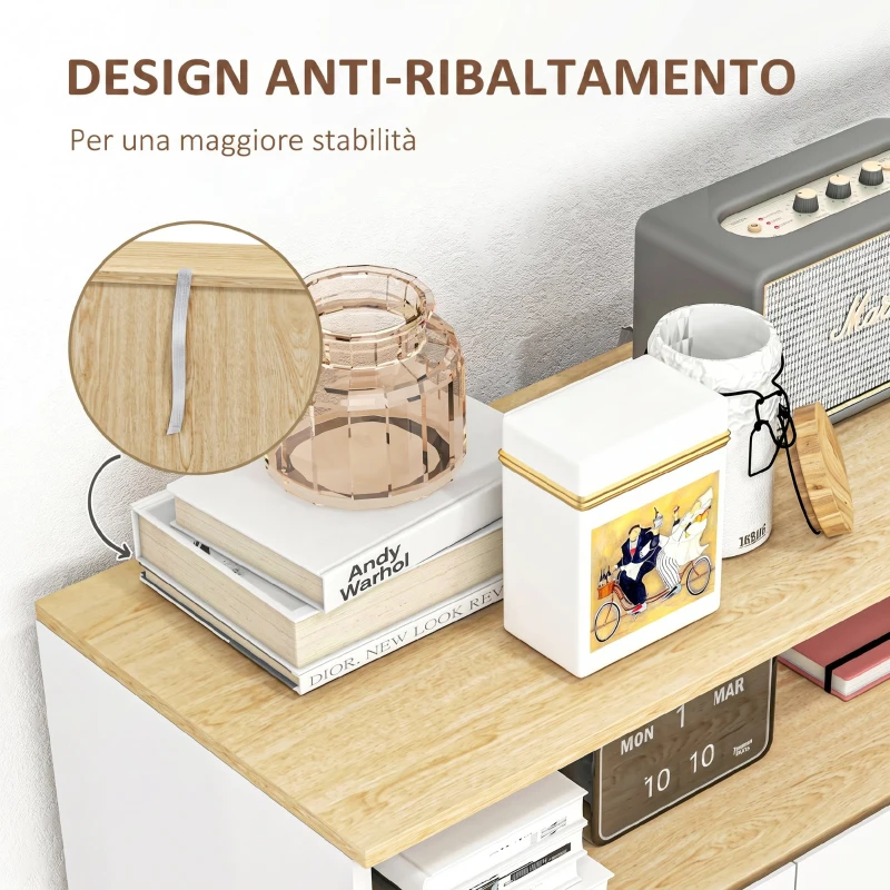 HOMCOM Credenza Cucina Scandinava con 2 Ante, Ripiano Regolabile, Gambe in Legno di Pino, 80x38x102 cm, Bianco e Rovere