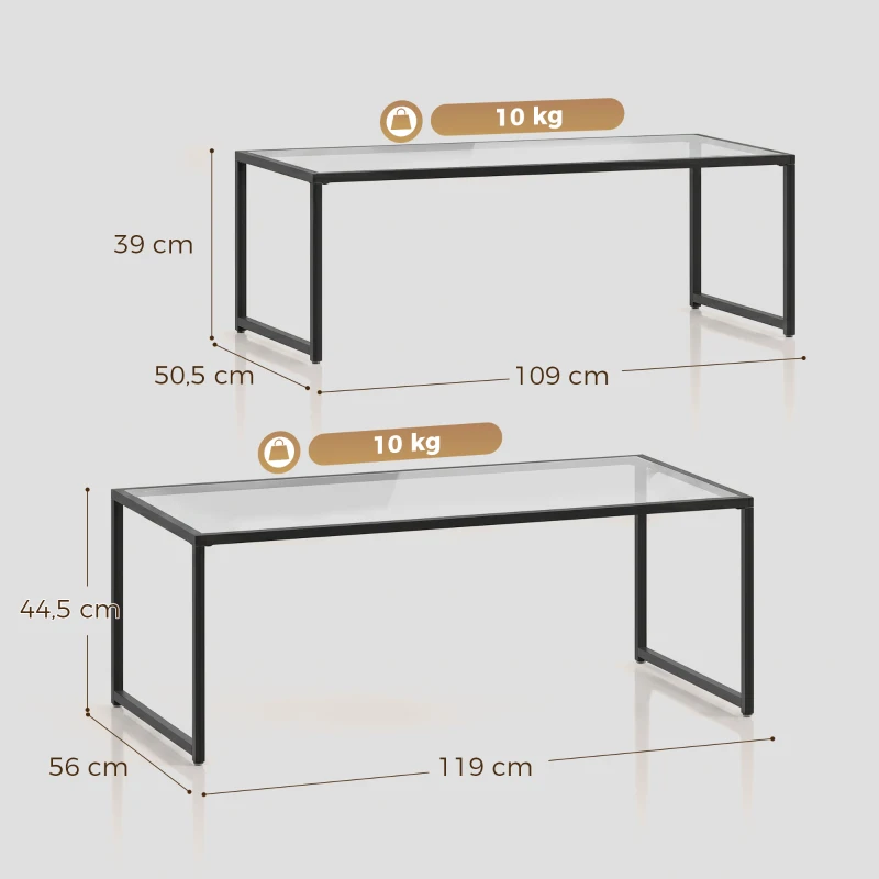 HOMCOM Lot de 2 tables basses gigognes tables de salon rectangulaires design en acier noir et plateaux en verre trempé
