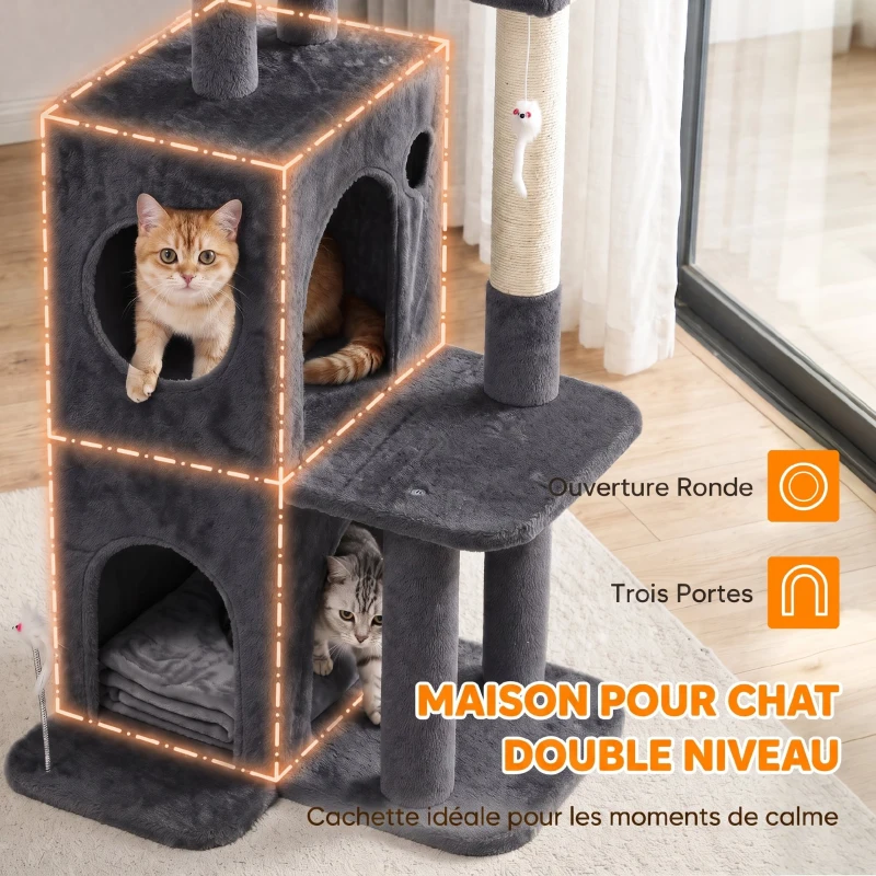 PawHut Arbre à Chat 4 Niveaux 132 cm, Niche, Lit, Plateforme, Poteaux à Griffer en Sisal, Jouets Suspendus, Gris Foncé