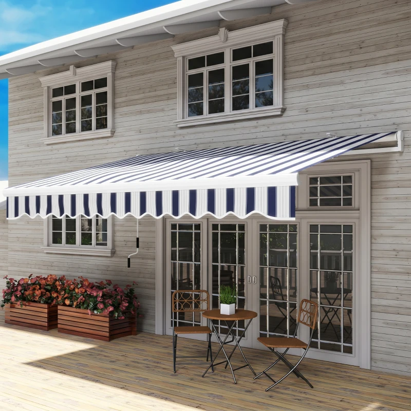 Outsunny Store banne manuel rétractable 395 x 245 cm avec manivelle, polyester 280 g/m² protection UV, aluminium, bleu et blanc