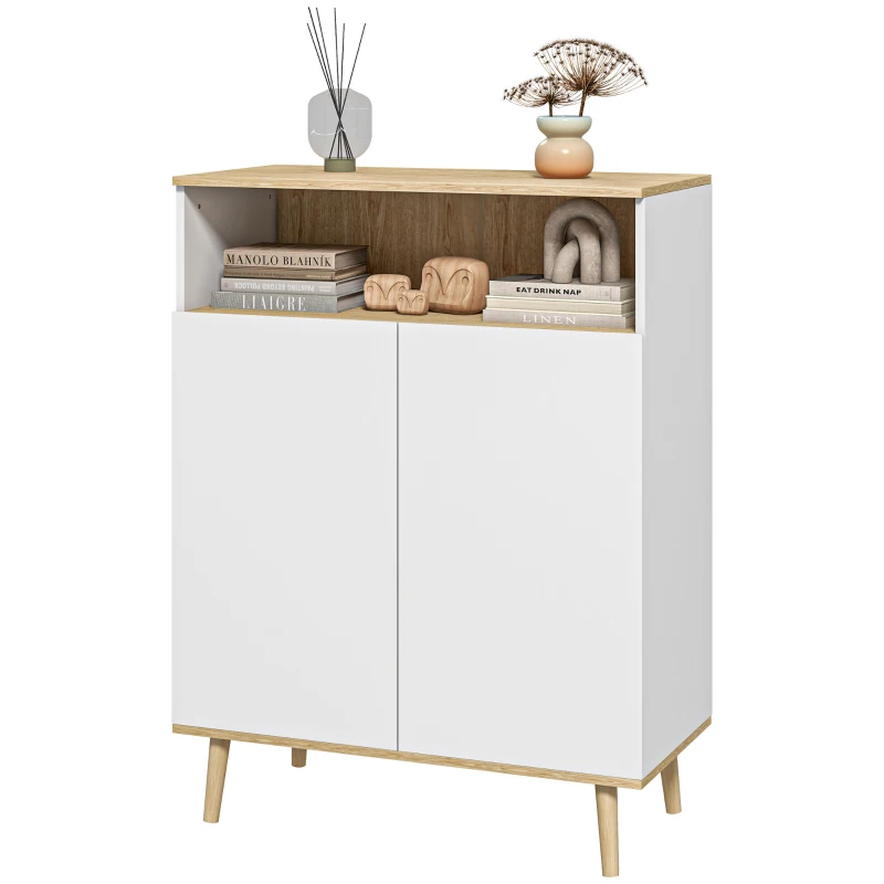 HOMCOM Credenza Cucina Scandinava con 2 Ante, Ripiano Regolabile, Gambe in Legno di Pino, 80x38x102 cm, Bianco e Rovere