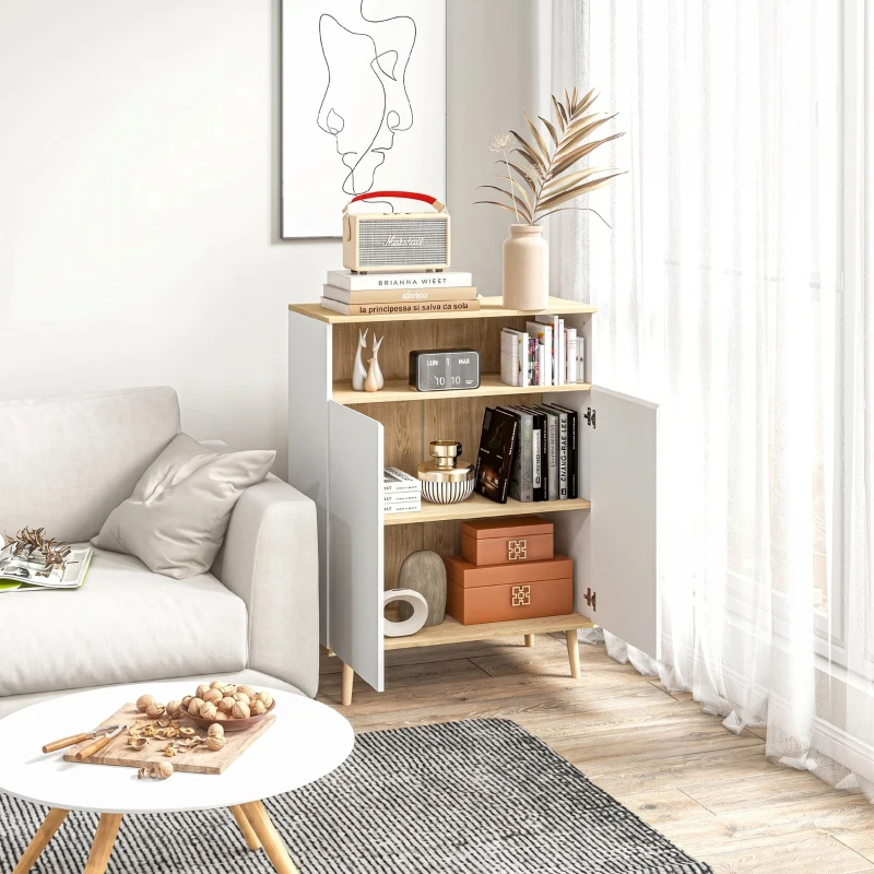 HOMCOM Credenza Cucina Scandinava con 2 Ante, Ripiano Regolabile, Gambe in Legno di Pino, 80x38x102 cm, Bianco e Rovere