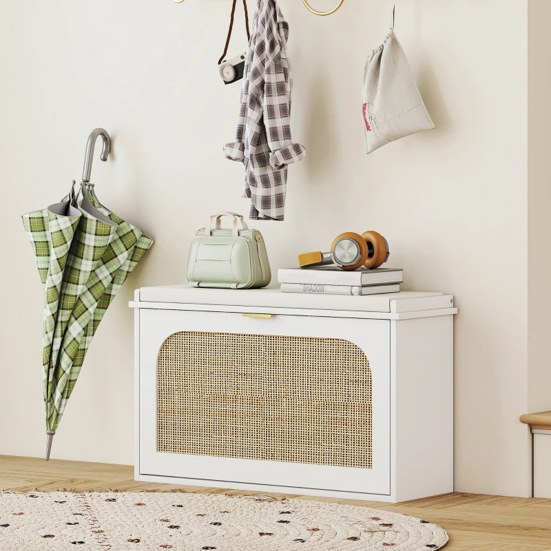HOMCOM Banc à chaussures, banc de rangement, assise rembourrée, tiroir rabattable, porte en rotin, 80 x 26 x 47,5 cm, blanc