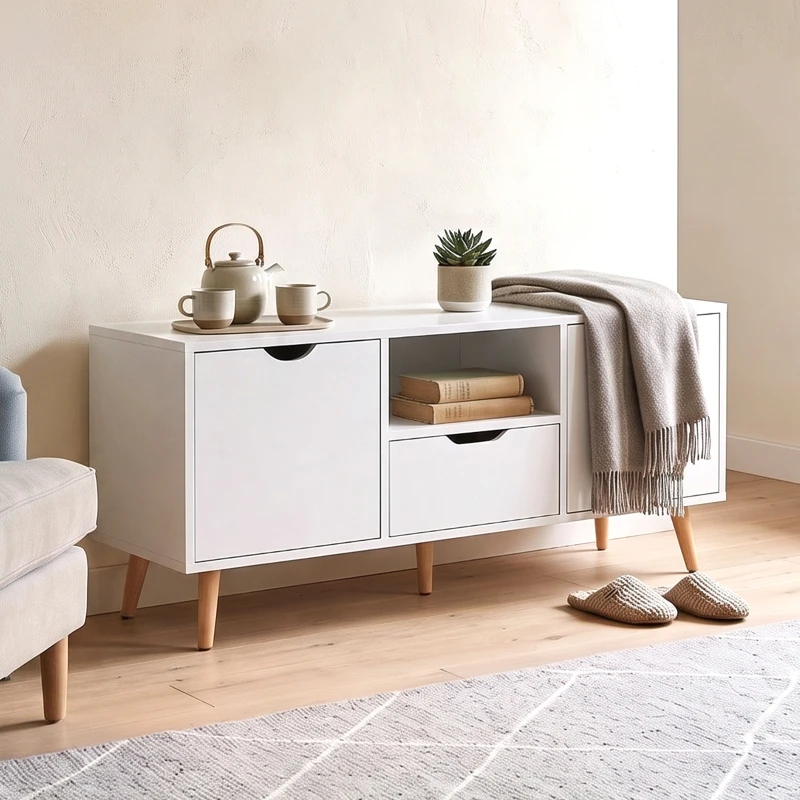 HOMCOM Mobile Porta TV max 50" con Cassetto, Ripiano Aperto e Armadietti, 110x40x50 cm, Bianco e Legno