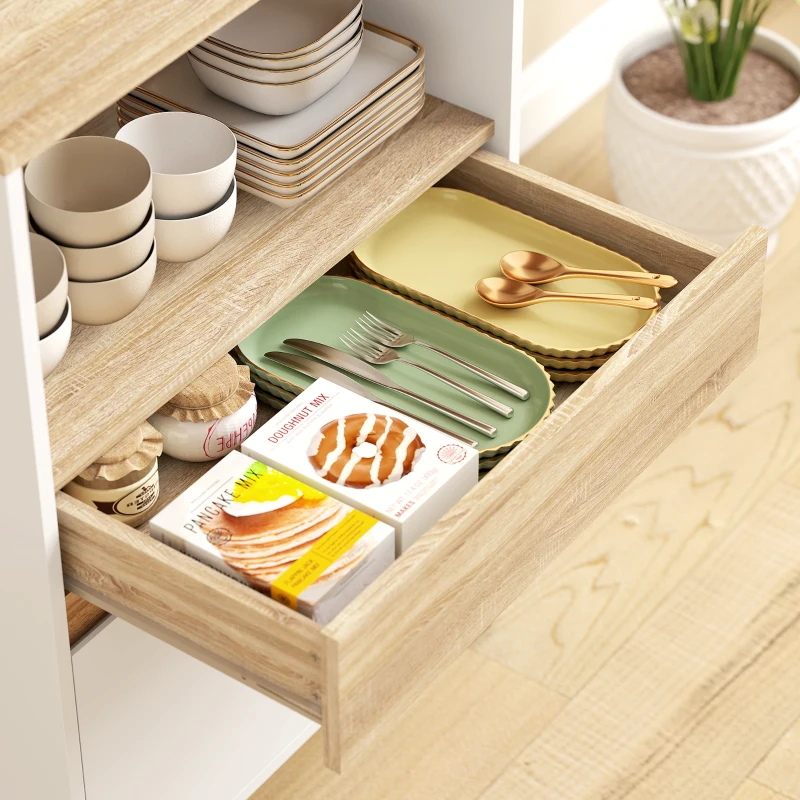 HOMCOM Meuble micro onde, buffet cuisine avec placard tiroir étagère supérieur, 60 x 40 x 131 cm chêne et blanc