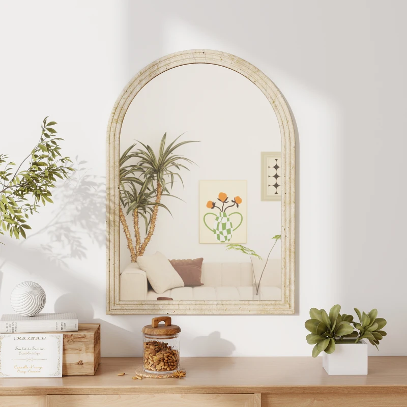 HOMCOM Miroir Mural Arqué, Miroir Moderne avec Bord Rainuré et Crochets, Verre Trempé et Polystyrène, 60 x 90 cm, Beige