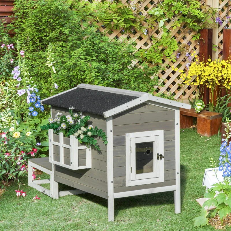 PawHut Maisonnette pour chats niche extérieure surélevé avec terrasse étanche en bois, dim. 115L x 66,5P x 74,7H cm, gris(m-10)