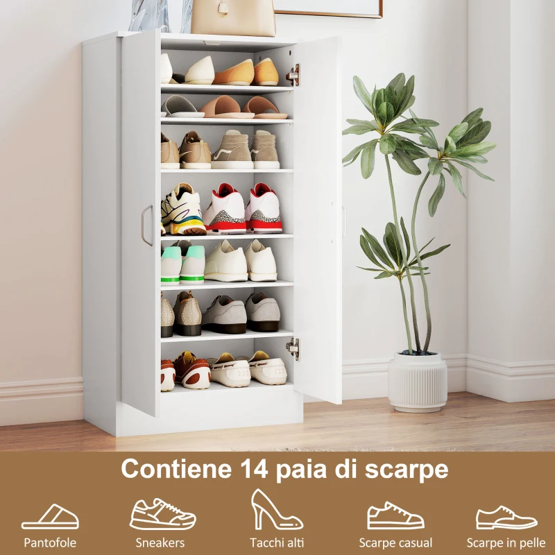 HOMCOM Armadio Scarpiera a 6 Ripiani Regolabili in Legno Bianco, 55x35x108 cm