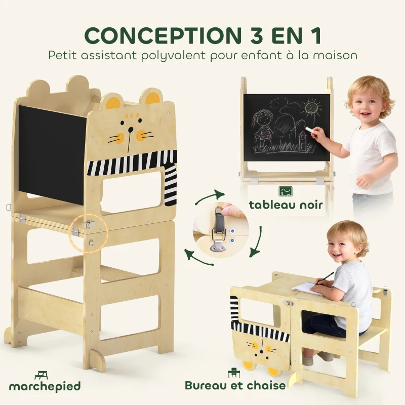 AIYAPLAY Tour d'Apprentissage Enfant 3 en 1, Tour d'Observation Enfant Pliable avec Tableau Noir, Motif Chat, Naturel