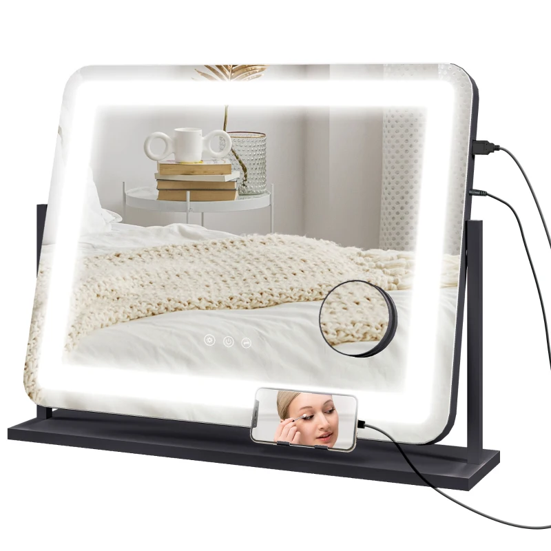 HOMCOM Miroir Lumineux LED intensité 3 modes d'éclairage, grossissement 10X, port de charge USB, touche tactile 62,5 x 52 cm