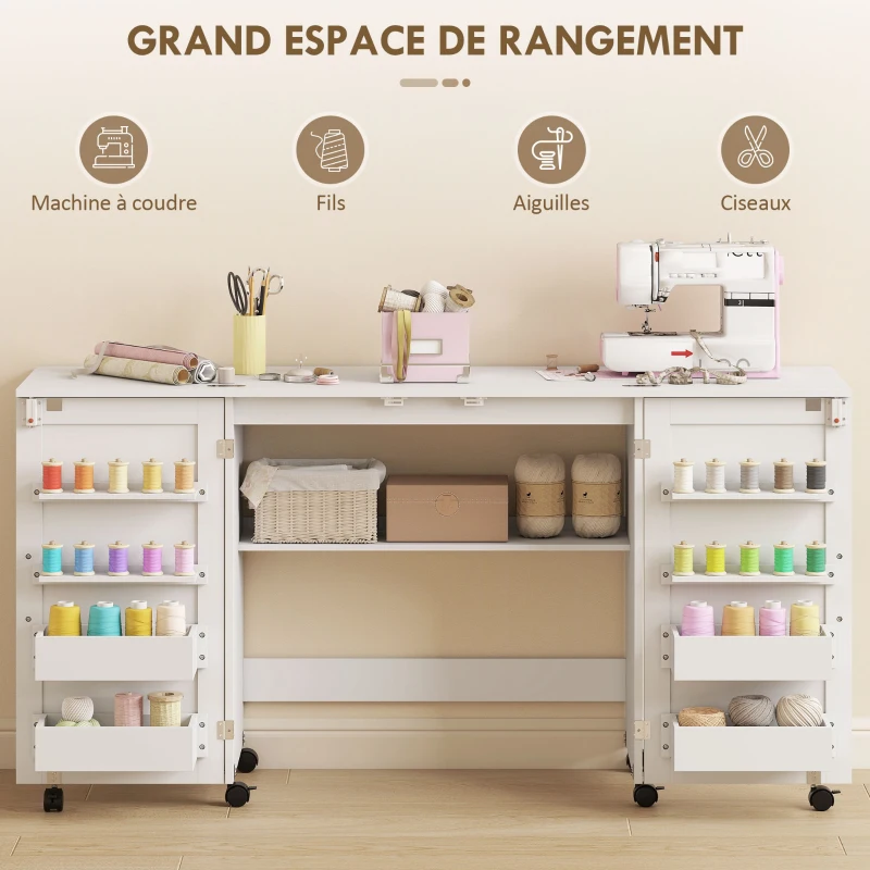 HOMCOM Table de couture pliante, meuble couture à roulettes, 2 portes magnétiques, 4 bacs, 20 crochets, 160x40x81,5cm, blanc