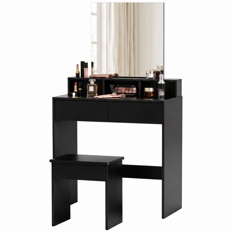 HOMCOM Penteadeira com Espelho 3 Prateleiras 2 Gavetas e Banquinho em Madeira 75x38x135 cm Preto