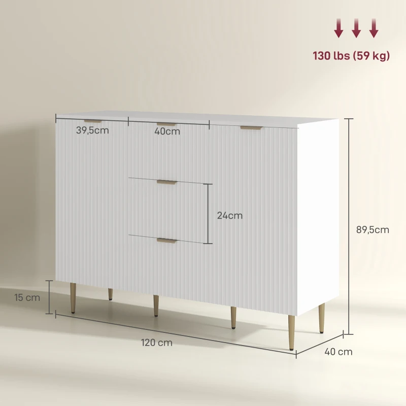 HOMCOM Buffet móvel de cozinha para arrumação com 3 gavetas, prateleiras ajustáveis, armários com portas caneladas, 120 x 40 x 90 cm, branco