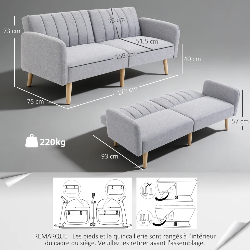HOMCOM Canapé Convertible 2 Places Design scandinave Dossier inclinable 3 Positions Pieds Bois Tissu Aspect Lin Gris