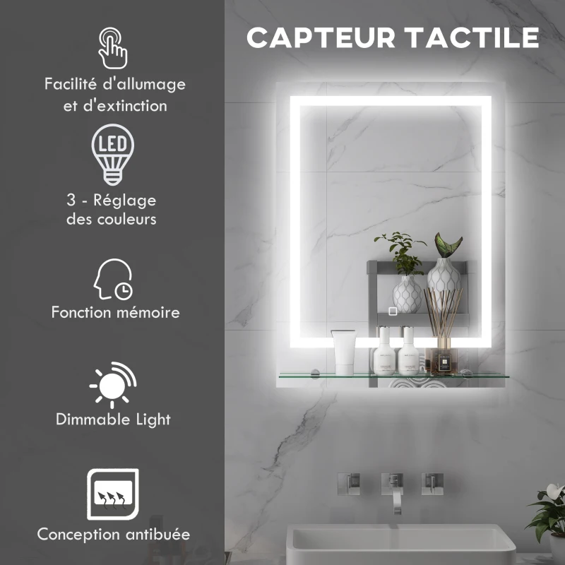 kleankin Miroir rectangulaire mural lumineux LED de salle de bain 70 x 50 cm