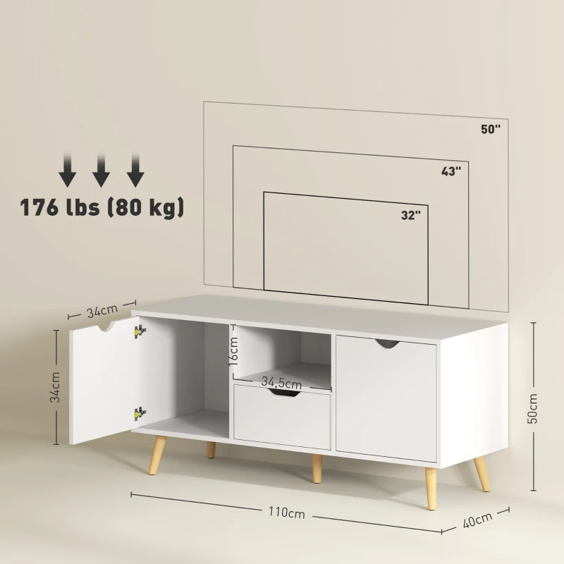 HOMCOM Mobile Porta TV max 50" con Cassetto, Ripiano Aperto e Armadietti, 110x40x50 cm, Bianco e Legno