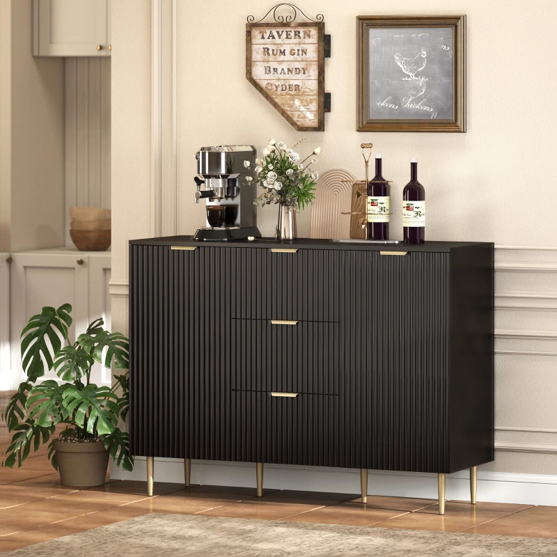 HOMCOM Buffet meuble cuisine rangement avec 3 tiroirs, étagères réglables, placards à portes cannelées, 120 x 40 x 90 cm, noir