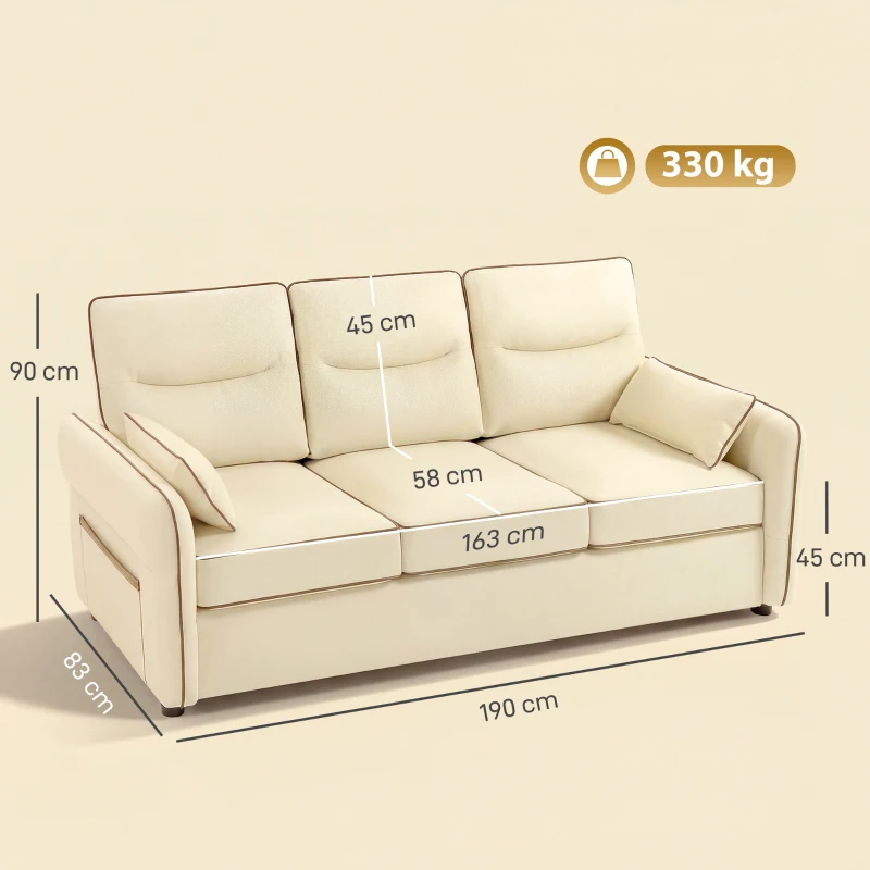 HOMCOM Divano 3 Posti in Finta Pelle con Imbottitura Spessa, Tasca Laterale e 2 Cuscini, 190x83x90 cm, Beige
