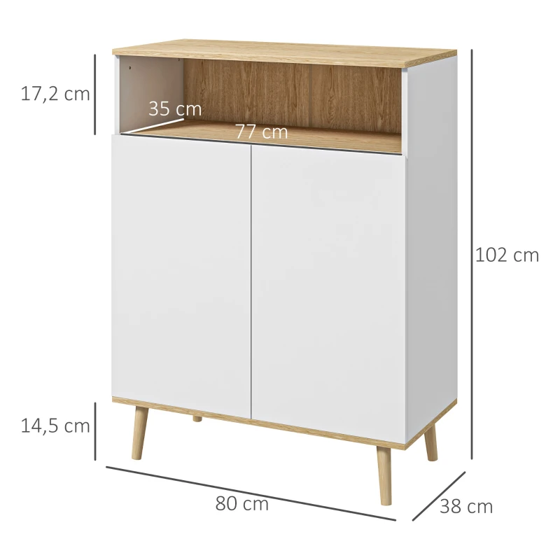 HOMCOM Credenza Cucina Scandinava con 2 Ante, Ripiano Regolabile, Gambe in Legno di Pino, 80x38x102 cm, Bianco e Rovere