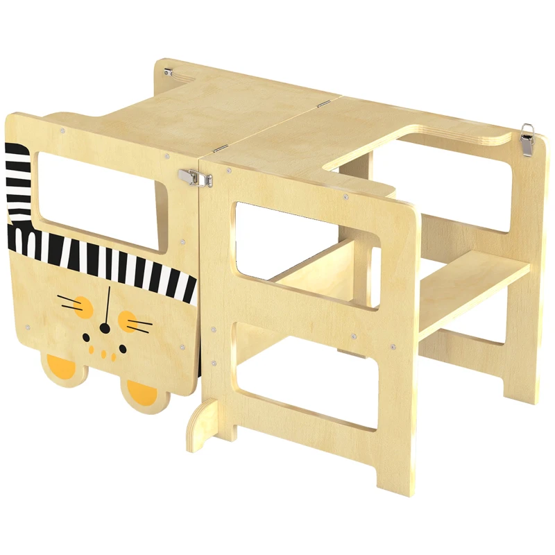 AIYAPLAY Tour d'Apprentissage Enfant 3 en 1, Tour d'Observation Enfant Pliable avec Tableau Noir, Motif Chat, Naturel