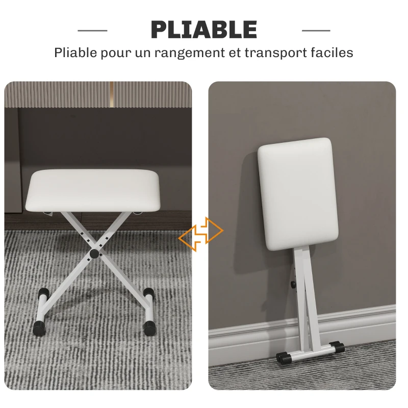 HOMCOM Tabouret piano pliable, banc piano réglable en hauteur, siège rembourré en PU, 39 x 29 x 37-47 cm, blanc