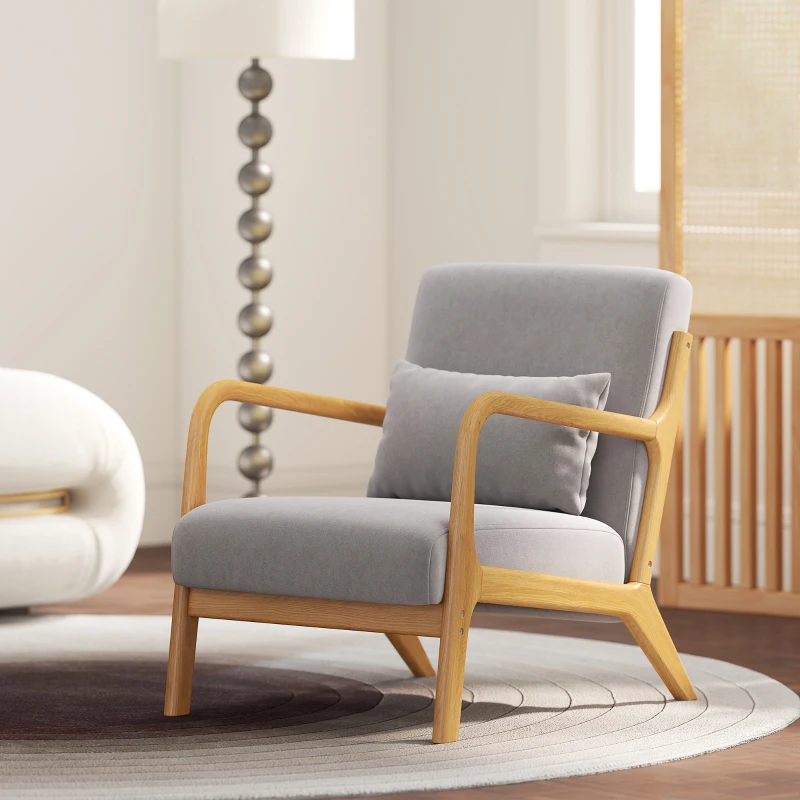 HOMCOM Fauteuil lounge - 3 coussins inclus - assise profonde - accoudoirs - structure bois hévéa - velours givré gris