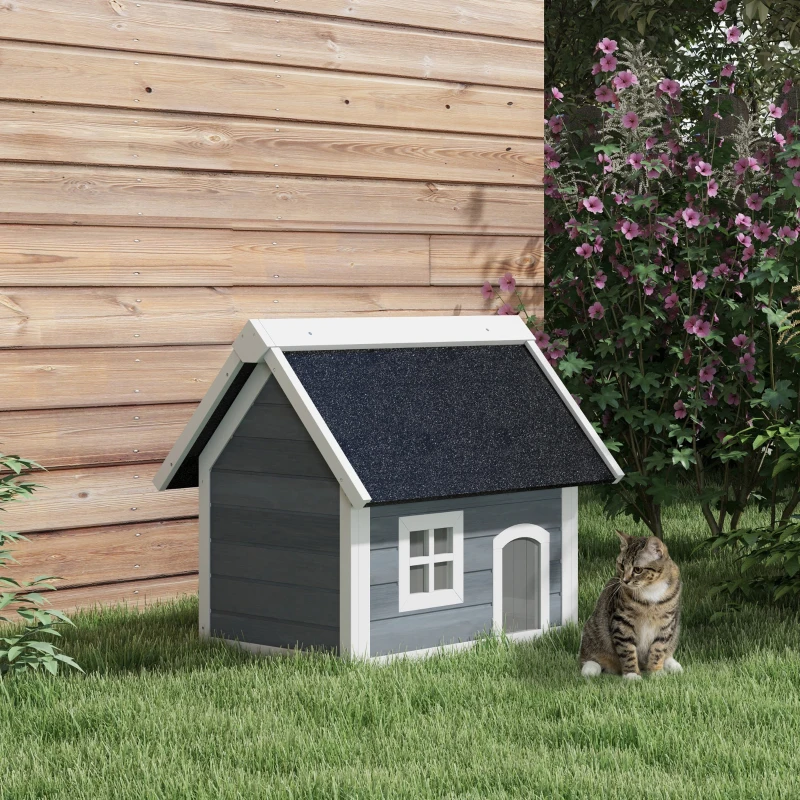 PawHut Maison pour chat en bois porte à lamelles fenêtre en plexiglas toit bitumé ouvrable 77 x 57,5 x 68 cm gris