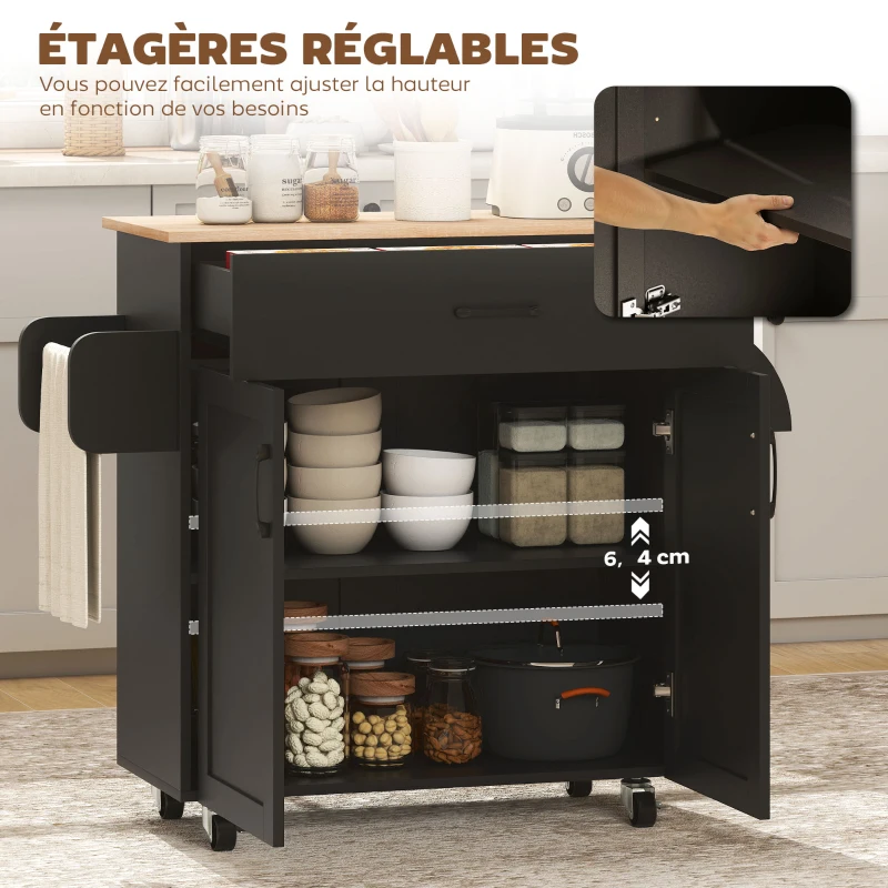 HOMCOM Dessert îlot de cuisine multi-rangements tiroirs placard 2 portes avec étagère réglable 105 x 36 x 85 cm noir