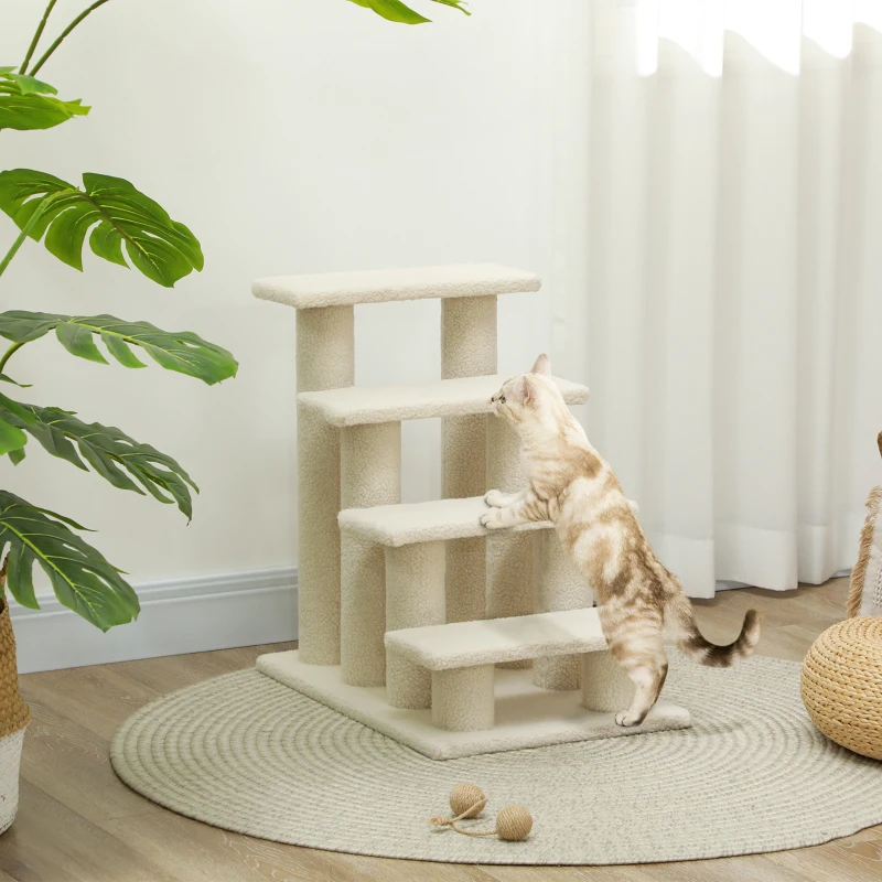 PawHut Escalier pour animaux de compagnie avec 4 marches revêtement effet laine bouclée 61 x 41 x 60 cm crème