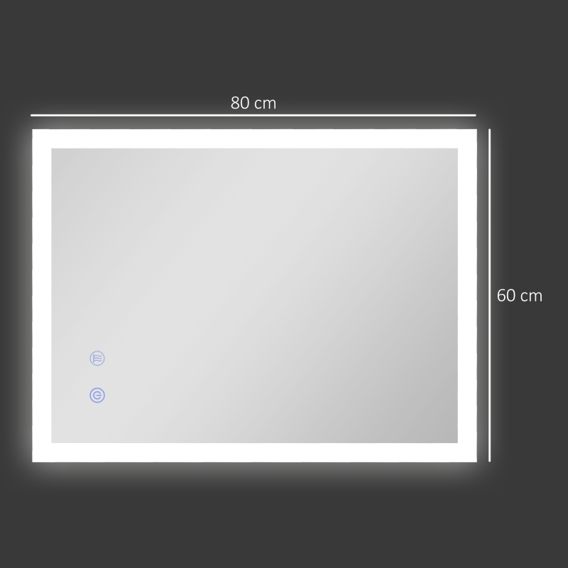 kleankin Miroir mural lumineux LED de salle de bain 80 x 60 cm 3 couleurs luminosité réglable interrupteur tactile transparent