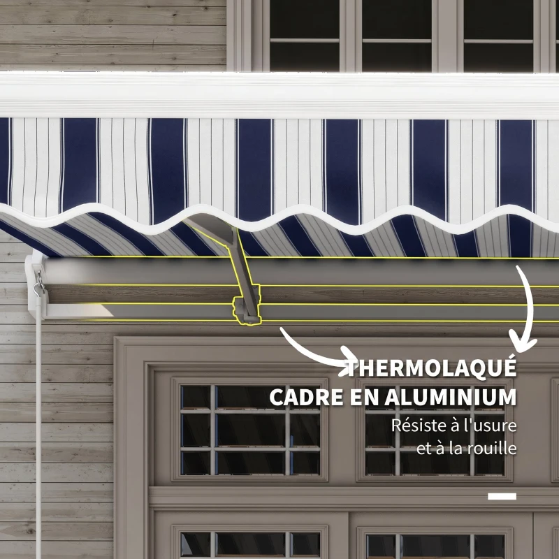 Outsunny Store banne manuel rétractable 395 x 245 cm avec manivelle, polyester 280 g/m² protection UV, aluminium, bleu et blanc