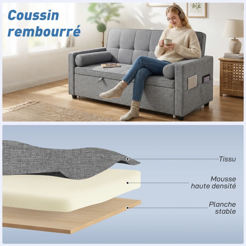 HOMCOM Canapé convertible 2 places 3 en 1 canapé-lit avec lit gigogne double dossier réglable 2 coussins 80,5x137,5x84cm gris