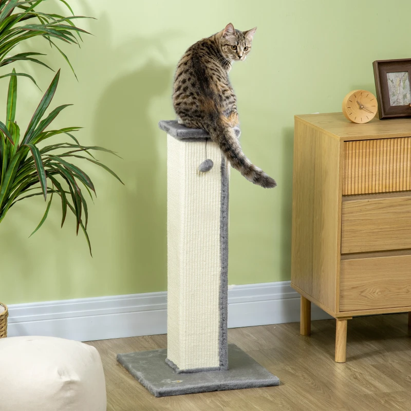 PawHut Griffoir pour chat poteau griffoir chat en sisal et peluche, boule suspendue base stable 41 x 41 x 81 cm gris et crème