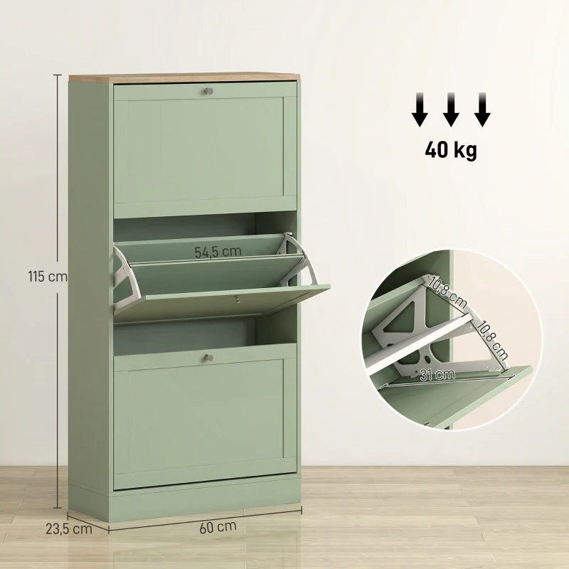HOMCOM Móvel para Sapatos Estilo Moderno 3 Portas Basculantes 18 Pares de Sapatos 60x23,5x115 cm Verde