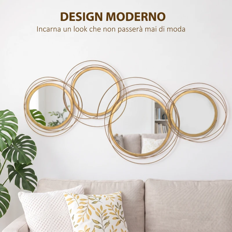 HOMCOM Decorazione Murale 3D in Metallo, Wall Art a Cerchi con Specchi 107x56cm, Oro
