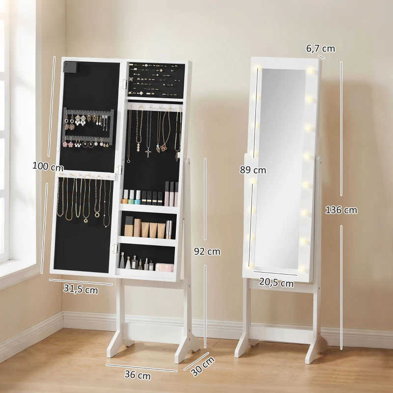 HOMCOM Armoire à bijoux armoire de rangement sur pieds boîte à bijoux avec miroir multi-rangements éclairage LED blanc