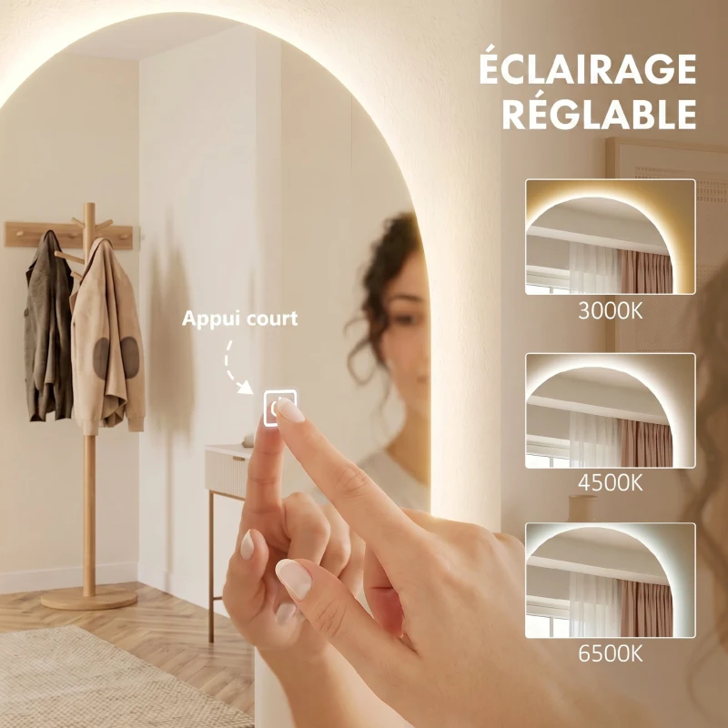 HOMCOM Grand miroir mural 120 x 40 cm avec éclairage LED miroir arqué, intensité variable et 3 couleurs d'éclairage transparent
