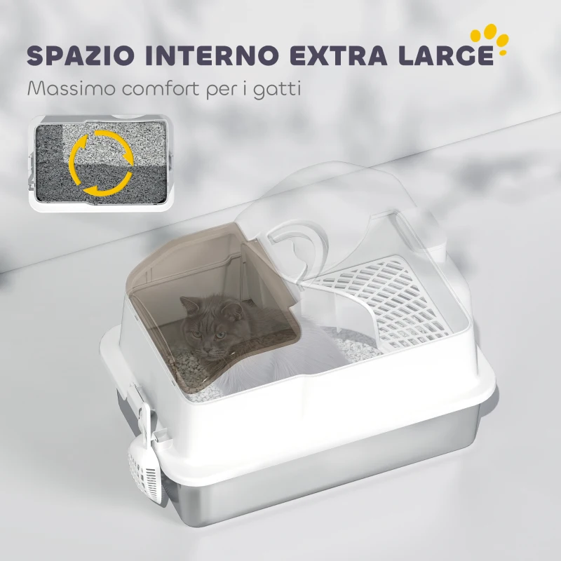 PawHut Lettiera per Gatti Chiusa con Tappetino Raccogli-sabbia, in Acciaio Inox, ABS e PP, 60.5x40.5x45 cm, Bianca e Argento