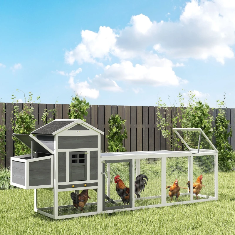 PawHut Poulailler en bois poulailler pour poules extérieur avec pondoir bac amovible en bois massif 297,5 x 68 x 118 cm blanc