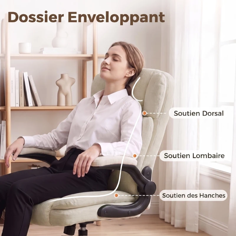 HOMCOM Chaise de Bureau Ergonomique en Chenille, Fonction Bascule, Accoudoirs Relevables, Hauteur Réglable, 70x67x108cm, Beige