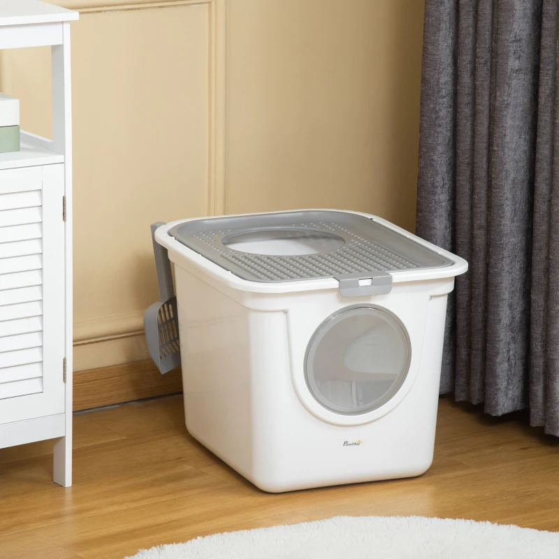 PawHut Maison de toilette Bac à litière pour chat double porte battante et supérieure, pelle fourni, 44L x 55l x 39H cm, blanc