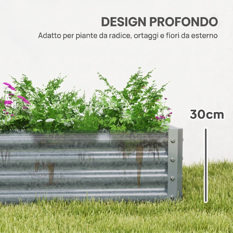 Outsunny Letto per Orto Rialzato in Acciaio Galvanizzato, 180x90x30 cm, Argento