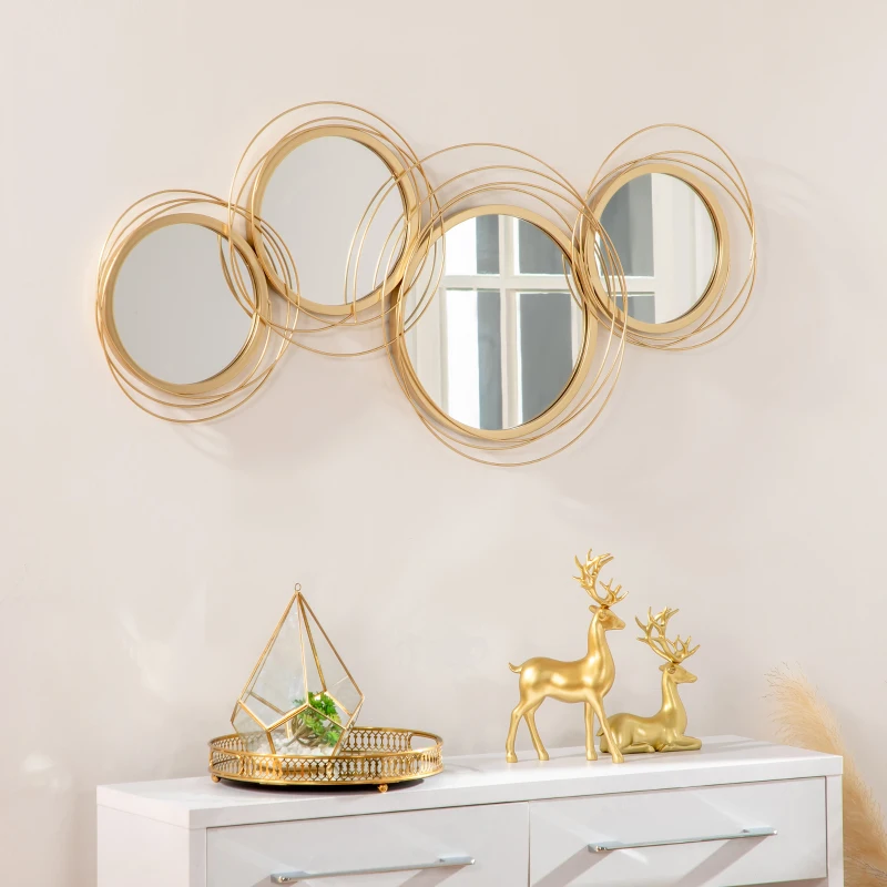 HOMCOM Decorazione Murale 3D in Metallo, Wall Art a Cerchi con Specchi 107x56cm, Oro