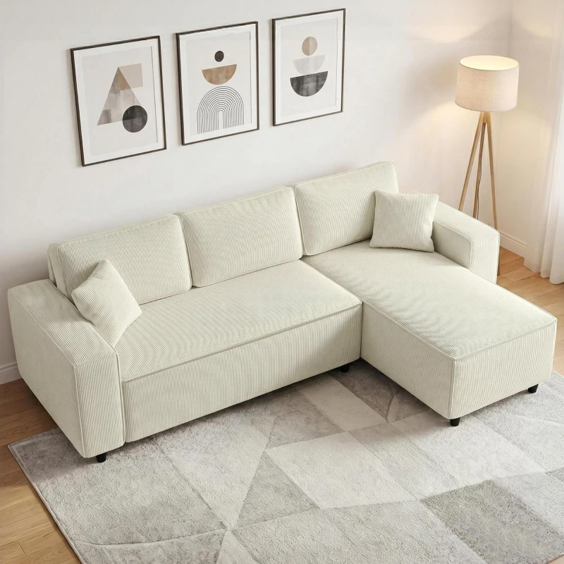 HOMCOM Divano con Penisola a 3 Posti in Tessuto Effetto Velluto, Schiuma e Nylon, 241x153x83 cm, Bianco Crema