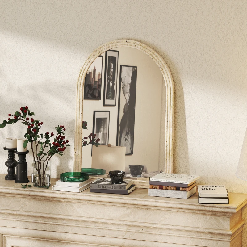 HOMCOM Miroir Mural Arqué, Miroir Moderne avec Bord Rainuré et Crochets, Verre Trempé et Polystyrène, 60 x 90 cm, Beige