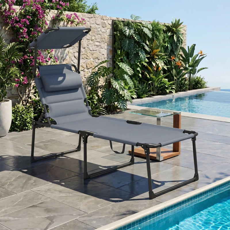 Outsunny Bain de soleil chaise longue pliante avec pare-soleil, appuie-tête inclinable en tissu Oxford 70 x 200 x 45 cm gris