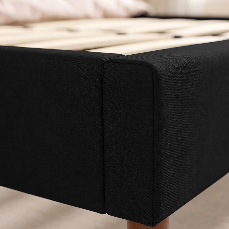 HOMCOM Estrutura de Cama 140x200 cm com Ripas de Madeira Cama de Casal Estofada Efeito Linho Armazenamento Inferior Sem Ruído Preto