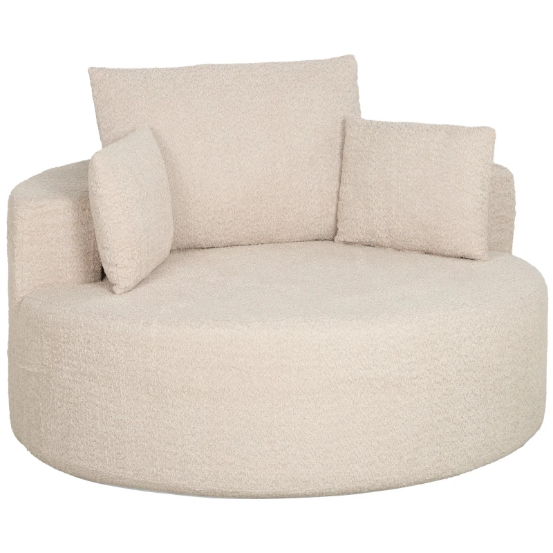HOMCOM Pouf canapea rotund din chenille, șezut mare, 2 perne, 1 spătar, 1 traversin, sarcină 250kg, 130x130x82cm, crem