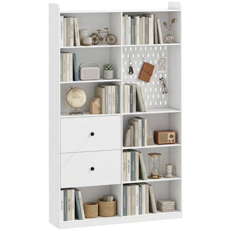 HOMCOM Doppelseitiges 6-stufiges Regal mit Schubladen und Lochplatte, Weiß